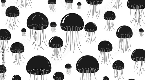 Jellyfish silhouettes drifting over white seamless marine pattern, no seamless