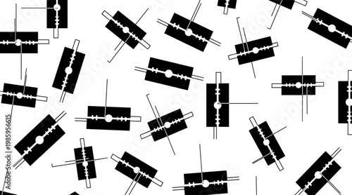 Razor blade silhouettes scattered on white seamless background, no seamless