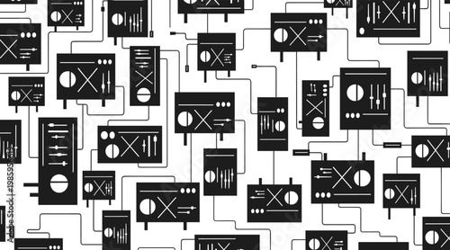 Electronic device icons connected by cables in network pattern, no seamless