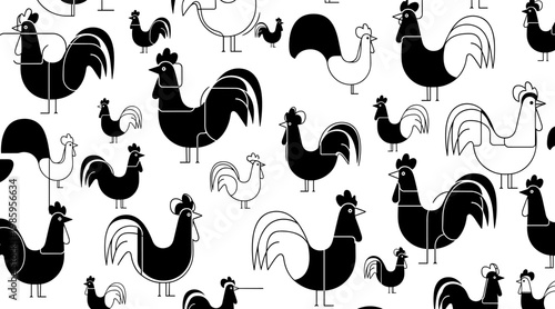 Rooster silhouettes repeating across white seamless pattern, no seamless