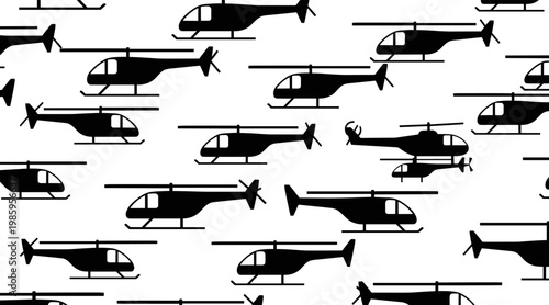 Helicopter silhouettes flying repeated across white background, no seamless