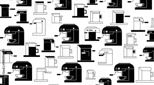 Coffee machines repeated in seamless pattern on white background, no seamless