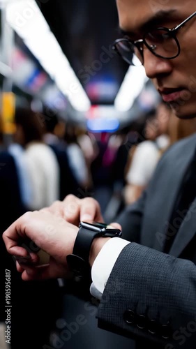 Amid the bustling energy of a crowded subway, a sharp-dressed man intently glances at his smartwatch. The vibrant atmosphere of commuters reflects the urgency and rhythm of city life.