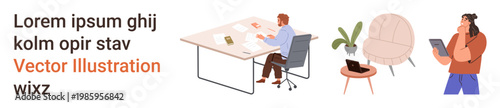 Business, productivity, remote work, teamwork, coworking, office lifestyle. Two people, desk with laptop chair and plant. Business and productivity concept with coworking and remote work