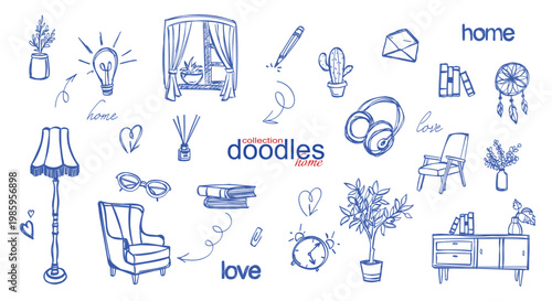 A set of notebook stickers with blue pen drawings, doodles, sticker pack