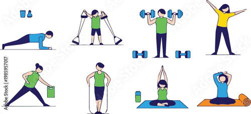 Various people engaging in fitness activities with dumbbells and mats indoors