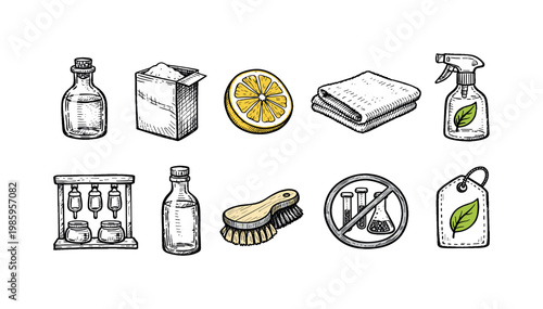 Eco cleaning icons: natural ingredients and tools for a spotless home
