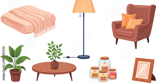 Cozy Home Interior and Living Room Icon Set with Blanket, Floor Lamp, Armchair, Indoor Plant, Coffee Table, Candle Jar, and Photo Frame Elements for Home Decor Designs