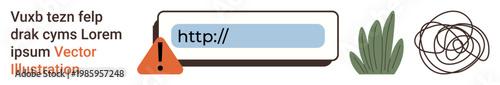 Online safety, cybersecurity, warning signs, internet, misinformation, web content monitoring. Warning triangle, URL bar plant and scribble featured. Online safety and cybersecurity concepts