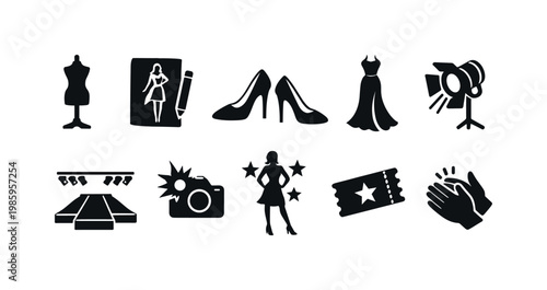 Fashion show icons: runway, dress, shoes, camera, and applause