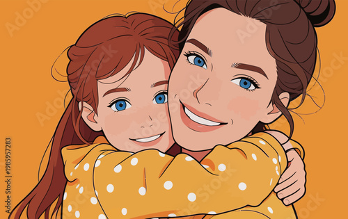 Two Girls Hugging, Happy and Warm Illustration