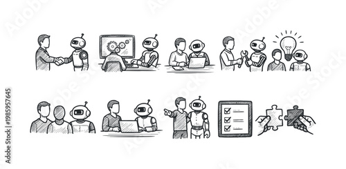 Human and robot collaboration icons showing teamwork, innovation, and problem-solving