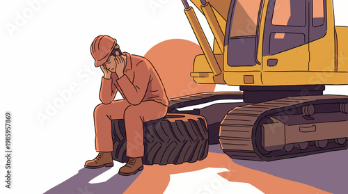 A construction worker sitting on excavator.
