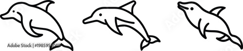 Minimalist Dolphin Line Art Set, Playful Marine Mammal Vector Icons, Three Jumping Dolphins Outline Collection, Aquatic Summer Nature Graphics