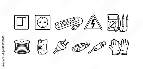 Collection of electrical components and safety symbols for power and wiring projects