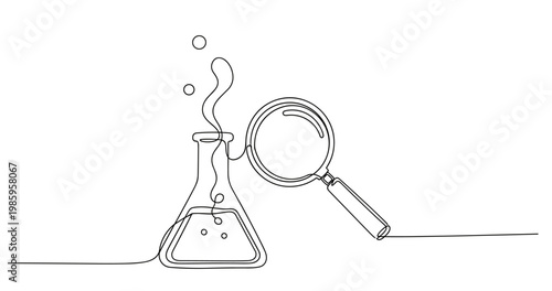 Continuous line drawing of laboratory flask with magnifying glass. No editable stroke