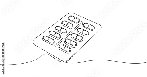 Minimalist line art of pill blister pack on white background. No editable stroke