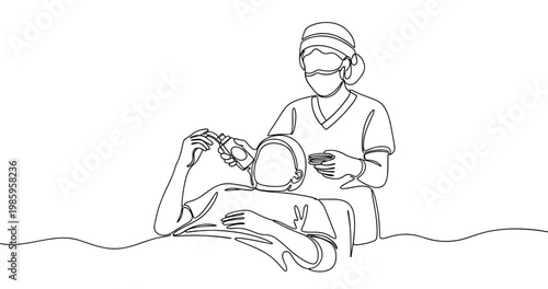 Female dentist examines asian patient in hospital room drawing. No editable stroke