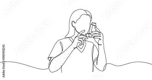 Continuous line drawing of female using inhaler for asthma relief. No editable stroke