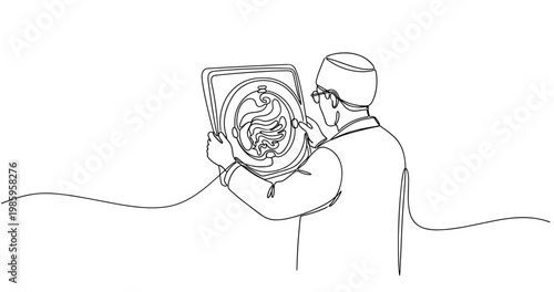 Male artist drawing abstract pattern on tablet – line art illustration. No editable stroke