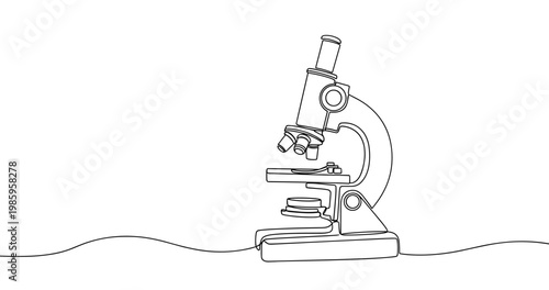 Continuous line drawing of a microscope - minimalist scientific art. No editable stroke
