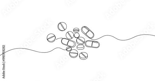 Monochrome outline of various pills and capsules on white background. No editable stroke