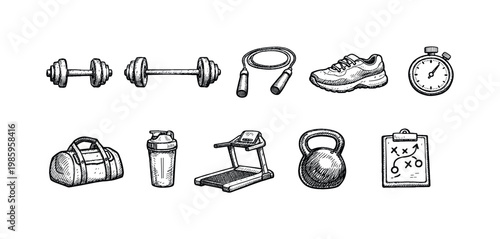 Hand-drawn fitness icons collection for workout and sports activities