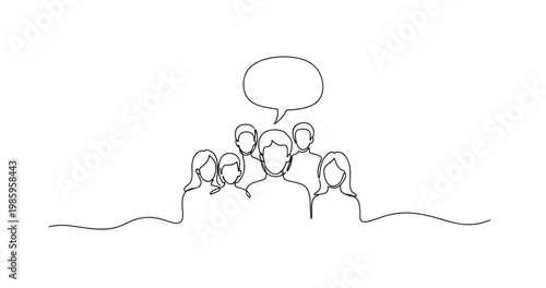 Line drawing of group communication with mixed gender adults and speech bubble. no editable stroke