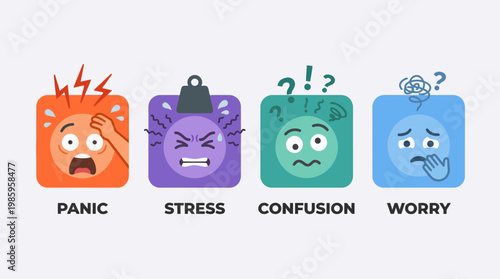 Emotions faces icons of stress worry.