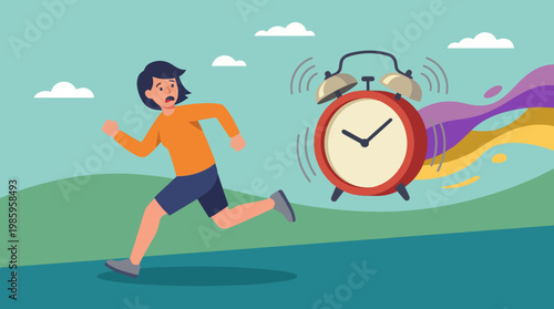 Man Running From Alarm Clock Fast.