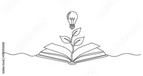 Open book with growing plant and hovering lightbulb symbolizing knowledge and creativity. no editable stroke