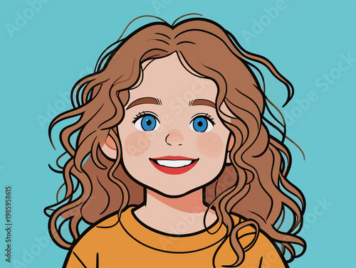 Cartoon Style Illustration of a Smiling Girl with Curly Hair