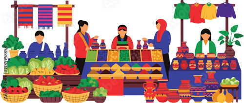 Vibrant market scene with people shopping for fresh produce and goods outdoors