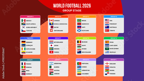 World Football 2026 Group Stage Table Template with Flags Colorful Tournament Bracket Layout