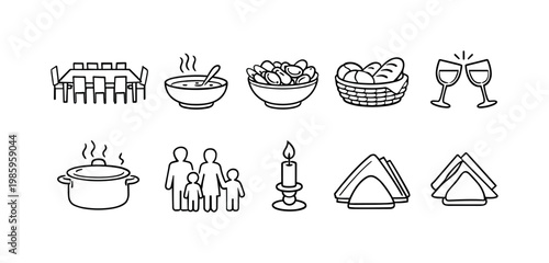 Simple line art icons representing a family dinner gathering and meal preparation