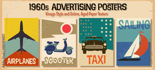 1960s Advertising Posters Style Illustration Set. Retro Scooter, Sailboat, Taxi Car, Airplane. Abstract Backgrounds, 1960s Colors and Shapes