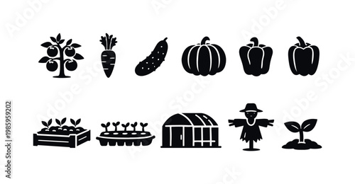 Collection of simple black icons representing vegetables, gardening, and farming elements