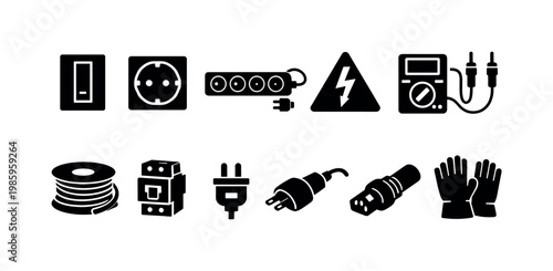 Collection of electrical components and safety symbols for power and wiring