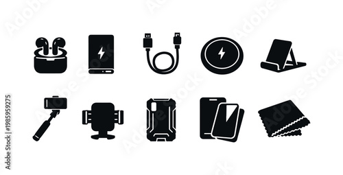 Collection of modern smartphone accessories icons in a clean, minimalist style