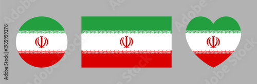 National Flag of Iran rectangle, circle, heart icon, sticker set. Iran flag round, rectangular, heart button. Flag Iran badge.