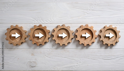 Wooden Gears with Arrows – Progress, Direction, and Workflow Concept