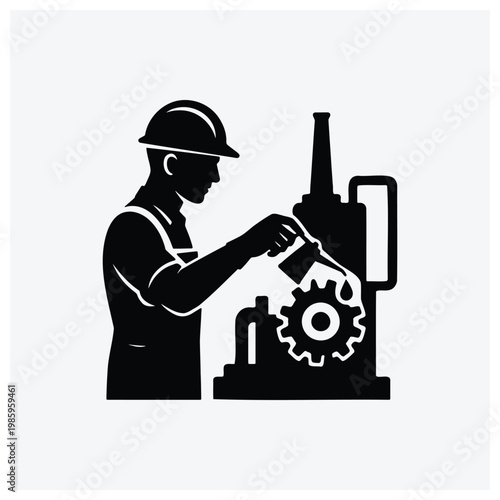 Silhouette of a mechanic or engineer working with gears and machinery.