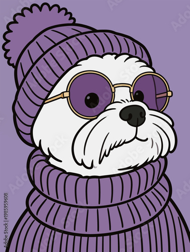 Cool White Dog in Purple Winter Fashion Outfit