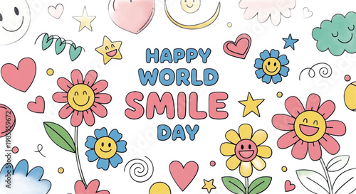 Smile Day, Happy World Smile Day, Colorful Smiley Faces, Cartoon Flowers
