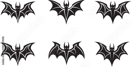 Set of six black bat silhouettes with spread wings and sharp features for halloween.
