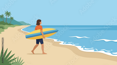 Man carrying surfboard on beach sand.
