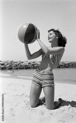 Woman in striped high-waist bikini kneeling on sandy beach, holding a beach ball on a sunny day. Generative AI