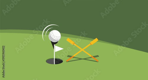 A golf ball on a tee next to a hole, with crossed clubs nearby