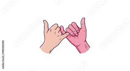 Two hands, one light-skinned, one pink, pinky promising on a white background