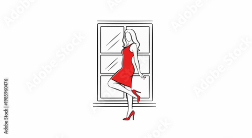 Stylized woman in red dress poses by a window with reflections